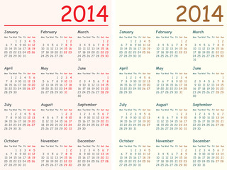 2014 Calendars. English Monday to Sunday.