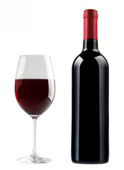 Red Wine bottle and glass on white background