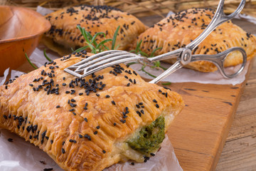 puff pastry with spinach filling and black cumin