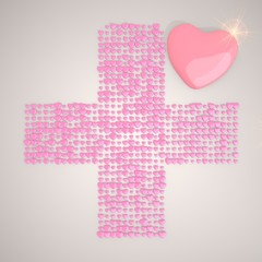 3d render of a soft cross symbol made of many hearts