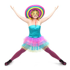 Pretty showgirl dressed in retro costume with sombrero.