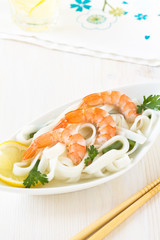 Asian rice noodles soup with shrimp