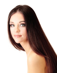 Naklejka premium Portrait of beautiful woman with long hair, isolated on white