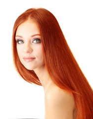 Naklejka premium Portrait of beautiful woman with long hair, isolated on white