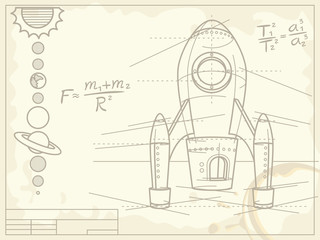 blueprint with spaceship and planets