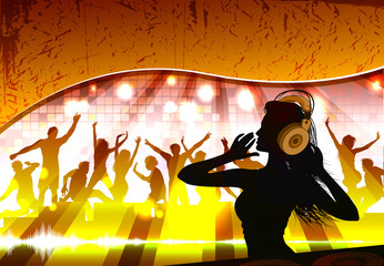 Silhouette of a female dj in front of a crowd