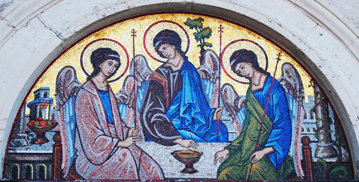 Artistic mosaic icon of three angels (Holy Trinity)