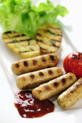 Grilled Tofu sausage and potatoes with ketch-up