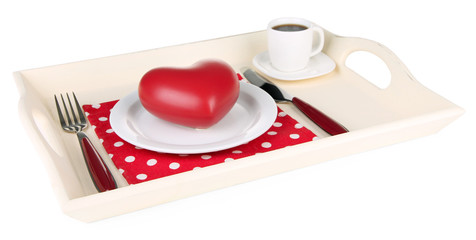 Wooden tray with breakfast,  isolated on white