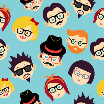 Colorful vintage hipsters faces seamless pattern.