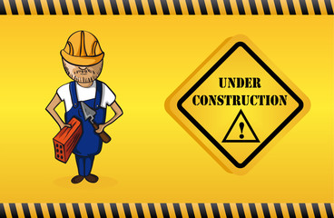 Constructor man cartoon, under construction sign.