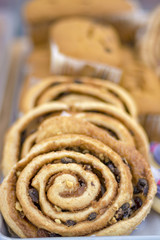 Cinnamon rolls in a bakery on display