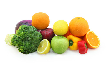 Fresh fruits and vegetables isolated on white background