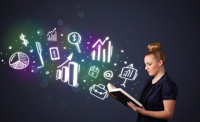 Young lady reading a book with business icons