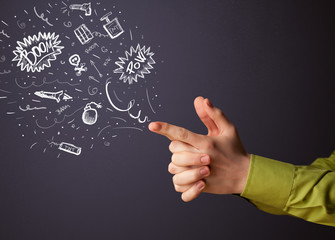 Sketched explosives coming out of gun shaped hands