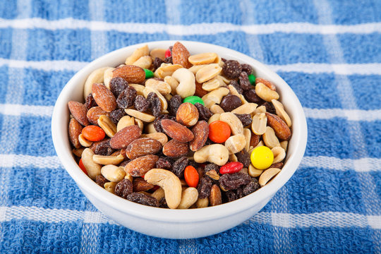 Trail Mix In Bowl On Blue Towel