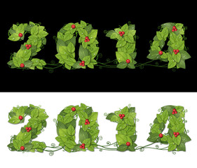 New year 2014. Date lined green leaves with drops of dew and red