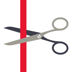 Scissors cutting a red ribbon isolated on white background