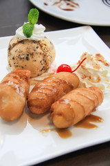 Deep fried banana with ice-cream