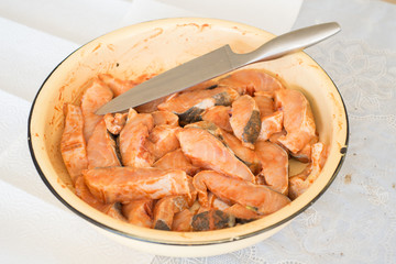 Marinated sturgeon fillets ready for grilling