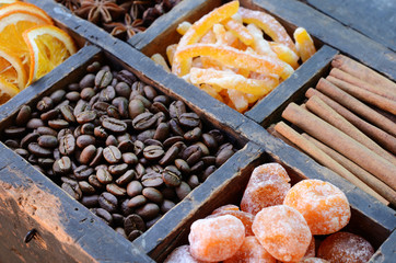 Coffee beans, kumquats and spices