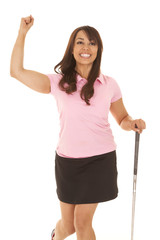 Obraz premium Woman golf pink shirt hold happy