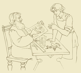Vector illustration. Wise master of medieval Europe teaches his