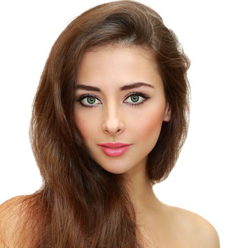 Beautiful Woman With Green Calm Eyes And Brown Long Hair Isolate