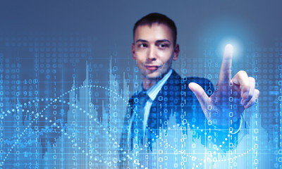 Young businessman touching icon