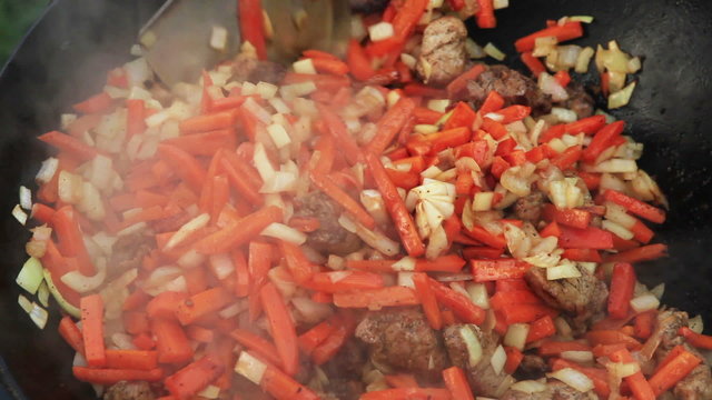 Pilaf (Plov) preparation  - Afghan, Uzbek, national cuisine dish