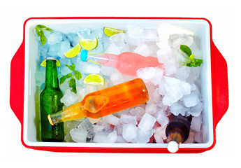 chilled colorful beverages in ice box. summer party