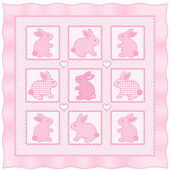 Bunny Rabbits Baby Quilt, big hearts, pastel polka dots, gingham