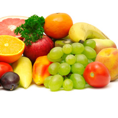fresh fruits and vegetables on white background