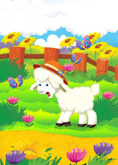 Cartoon illustration with sheep on the farm