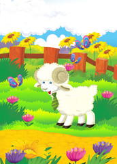 Obraz na płótnie Canvas Cartoon illustration with sheep on the farm