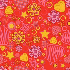 Seamless pattern with flowers, hearts and stars.