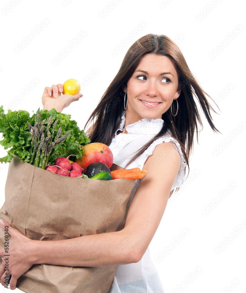 Wall mural woman with shopping bag with vegetables and fruits