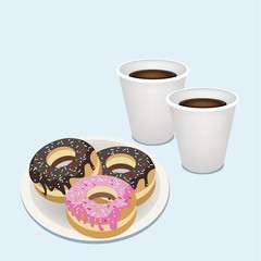 A Hot Coffee in Disposable Cup with Glazed Donuts
