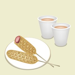 Hot Coffee in Disposable Cup with Corn Dog