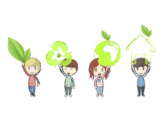 Kids holding ecological icons.