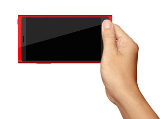 Hand holding on Red Smartphone in horizontal on white background