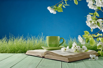book and a cup on a background of nature