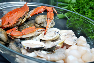 Raw Mixed Seafood in a Glass Bowl