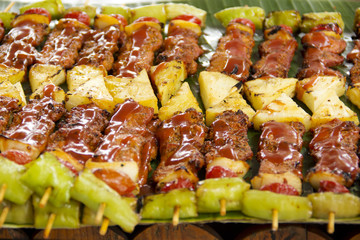 barbecue sticks with meat and vegetables