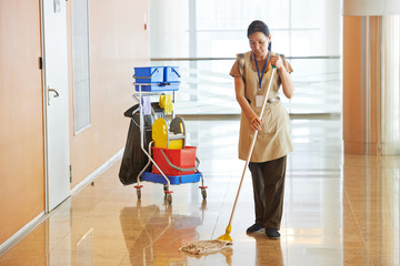 Female worker cleaning business hall - obrazy, fototapety, plakaty