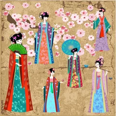 Crédence de cuisine en verre imprimé Femme fleurs Fille orientale en costume rétro