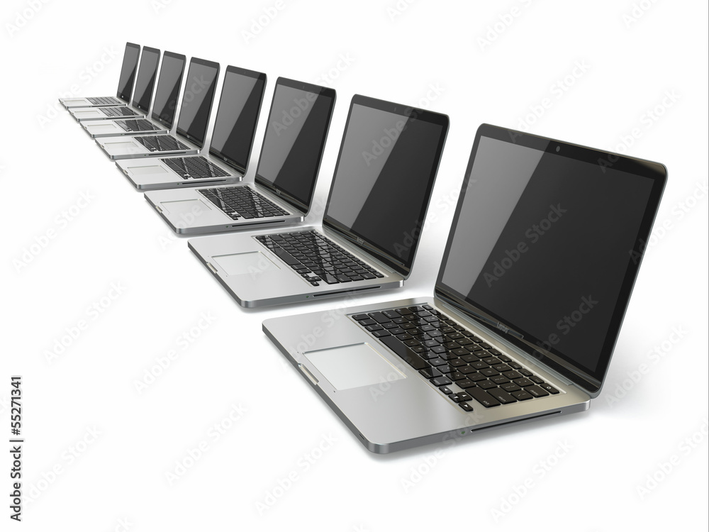 Poster laptops in a row on white background
