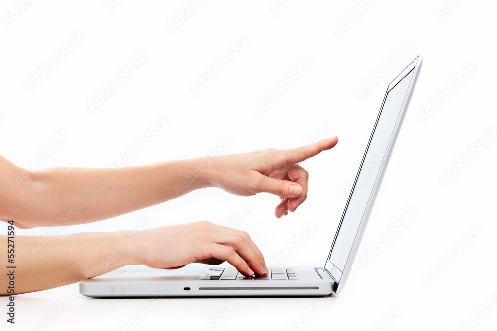 Aufkleber Hands with laptop computer.
