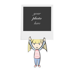 Girl holding photo. Isolated vector background design.