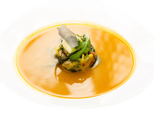 Mexican soup with vegetable puree peppers and chicken meat